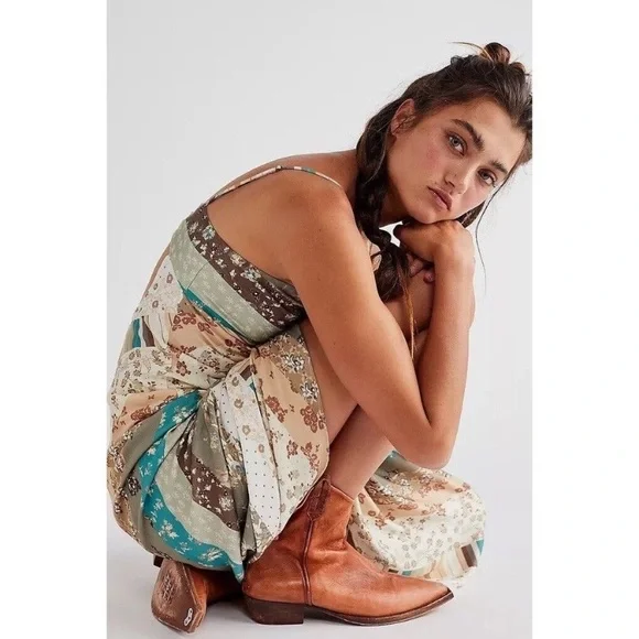 NWT Free People Dress Fiona Patchwork Maxi in Green Beige Print - Picture 4 of 11